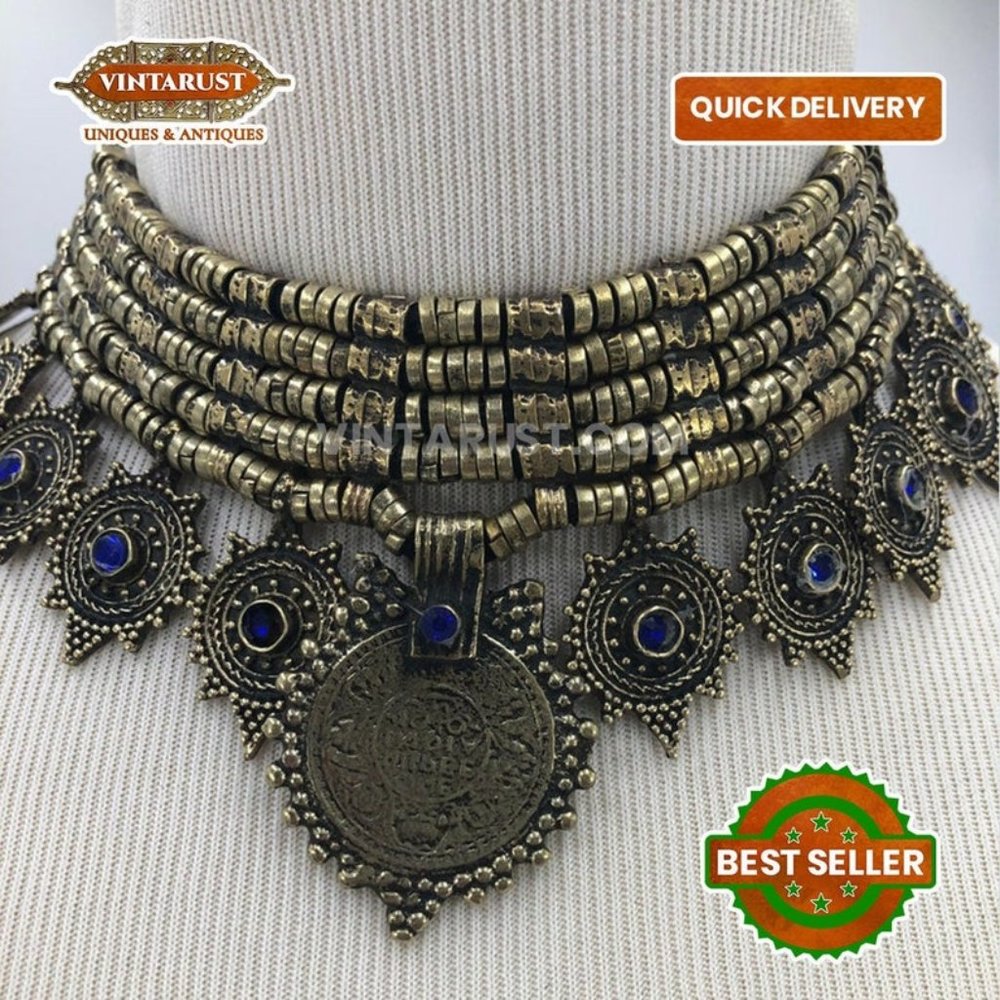 Afghan Vintage Multilayers Choker Necklace, Vintage Coins Jewelry - Picture 5 of 9